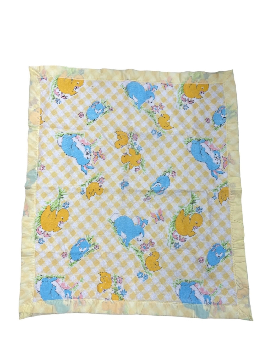 BEACON Baby Blanket 100% Acrylic Yellow Gingham Satin Trim "Downy Dreams" 1990s